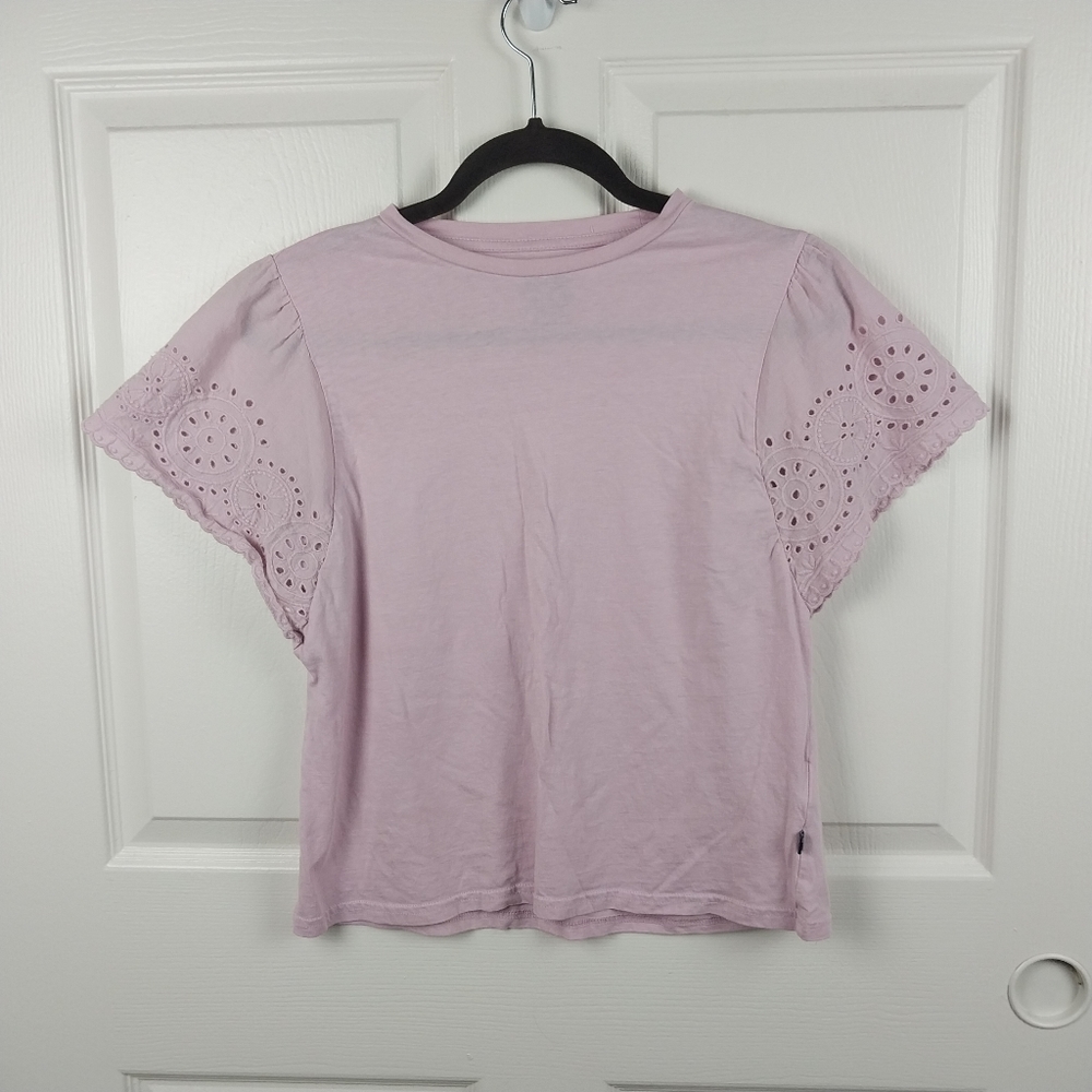Gap Women's Small Pink Cotton Blend Crewneck Lace Sleeve Blouse Tee Shirt